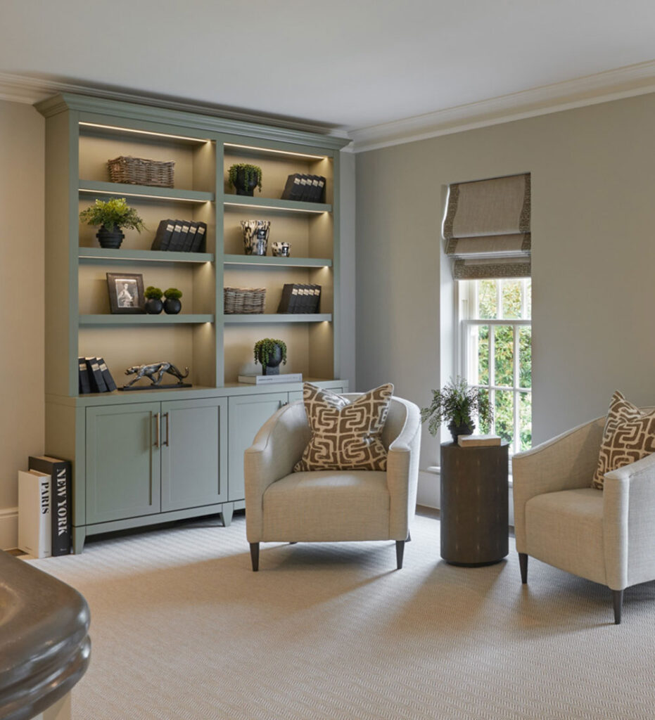 Intimate seating area within a large Hill House Interiors residence, showing how scale is softened through considered composition and lighting