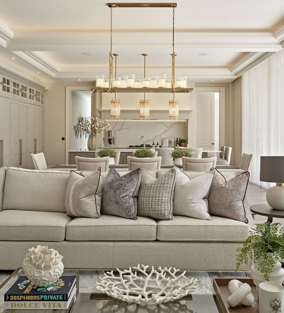 Intimate seating area within a large Hill House Interiors residence, showing how scale is softened through considered composition and lighting
