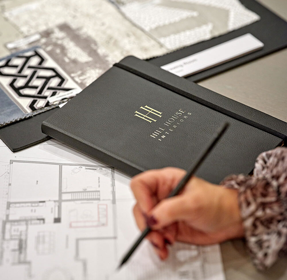 Hill House Interiors design process materials showing mood boards and material selections for a London residential project