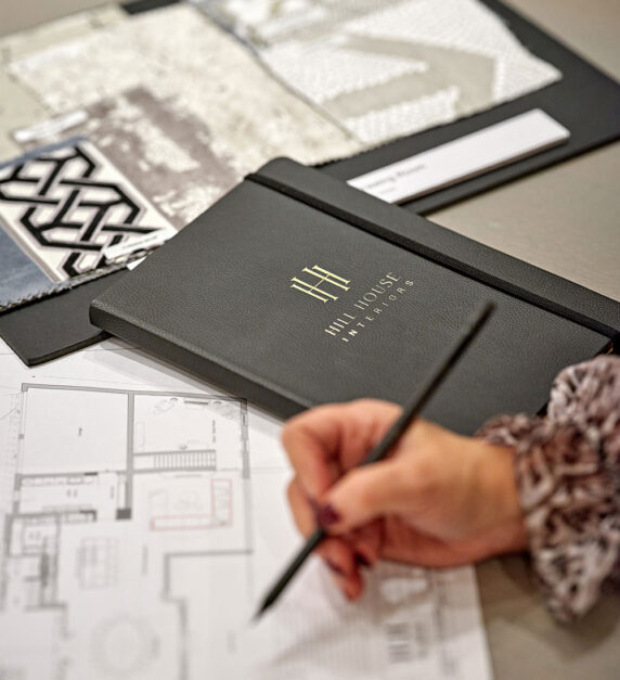 Hill House Interiors design process materials showing mood boards and material selections for a London residential project